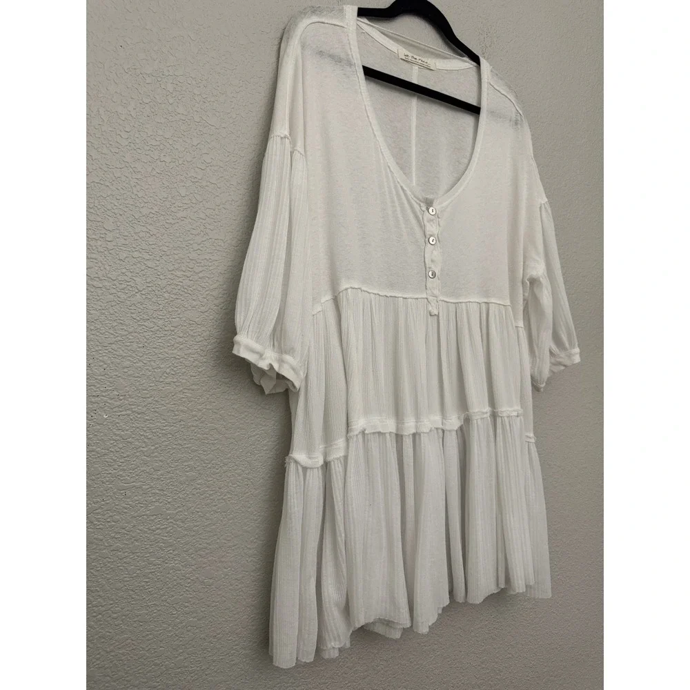 Free People We The Free Skye Tee Tiered Babydoll Henley Tunic Top White Small